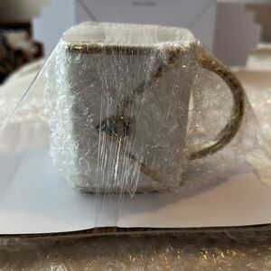 New Women's white Handbag ceramic cup and plate holder set - includes spoon